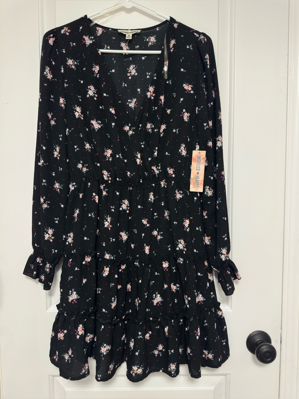 Women’s Black Floral Long-Sleeve Ruffle Dress
